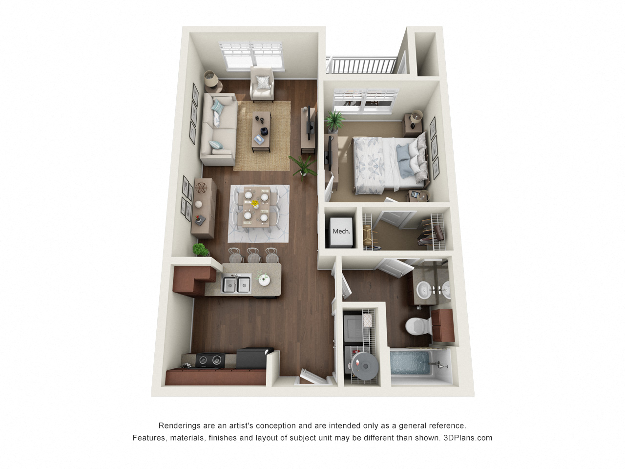 Floor plan for 1 bed, 1 bath, 662 sqft